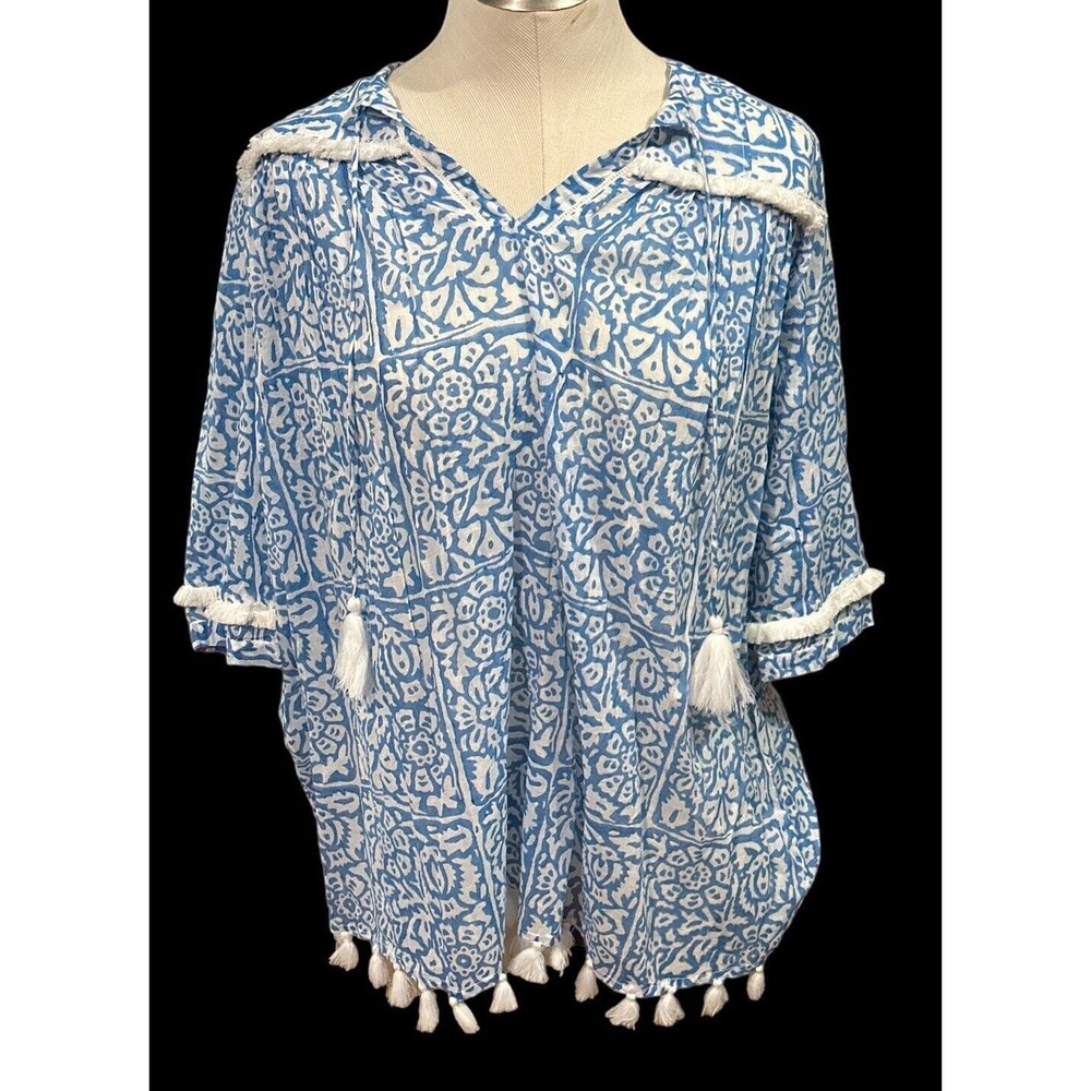 ROLLER RABBIT Floral Tunic Top Blue Swim Cover Tropical - Size XS NWOT